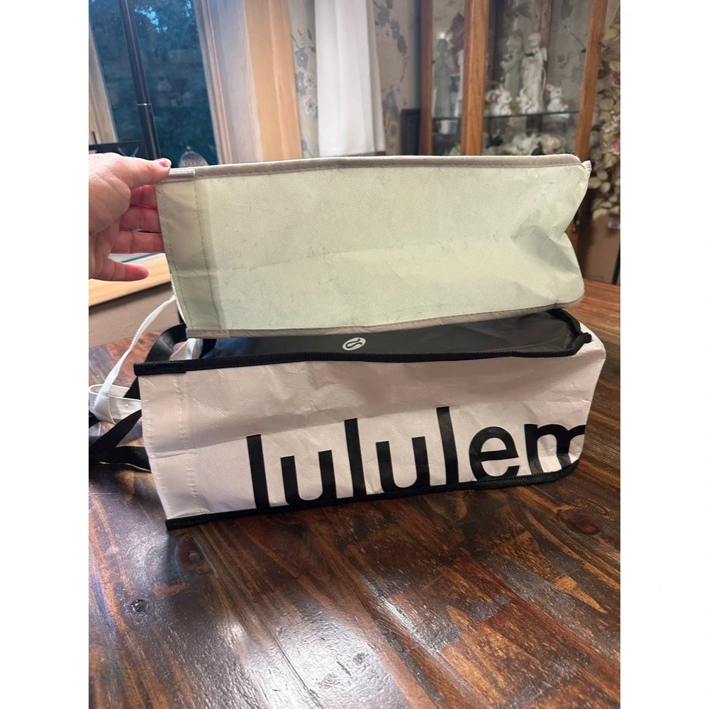 Lululemon Large Reusable Shopping Tote Bags Set of 2 Black White Cream with Logo